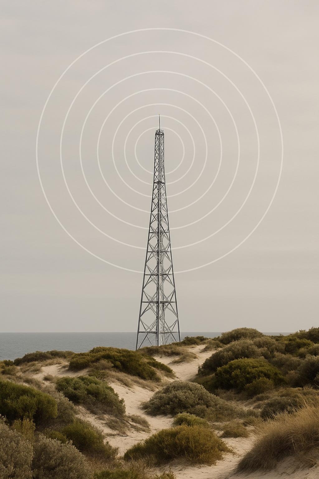 A tall metal communication tower in a desert landscape, set against an ocean and gray sky. The tower is the focal point, s...