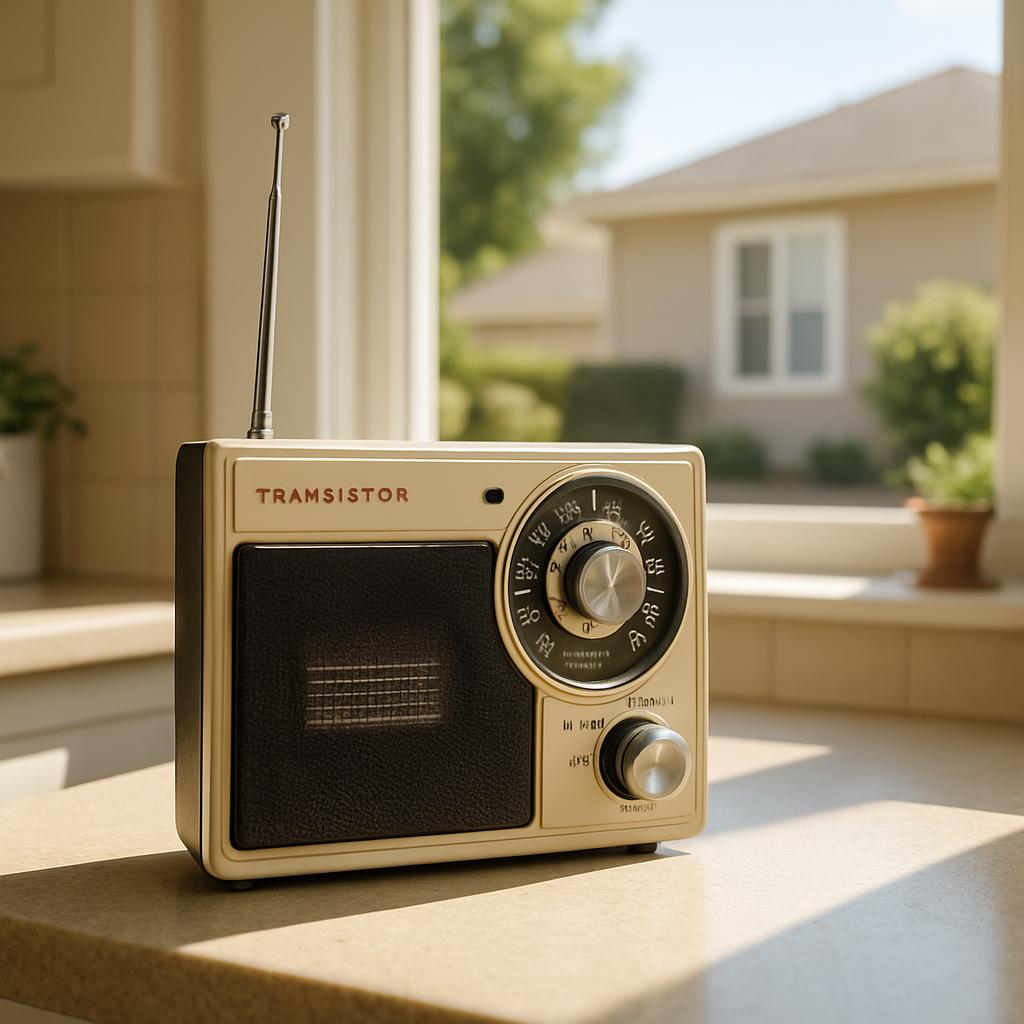 A vintage cream and brown transistor radio sits on a countertop in front of a window, basking in the filtered sunlight.