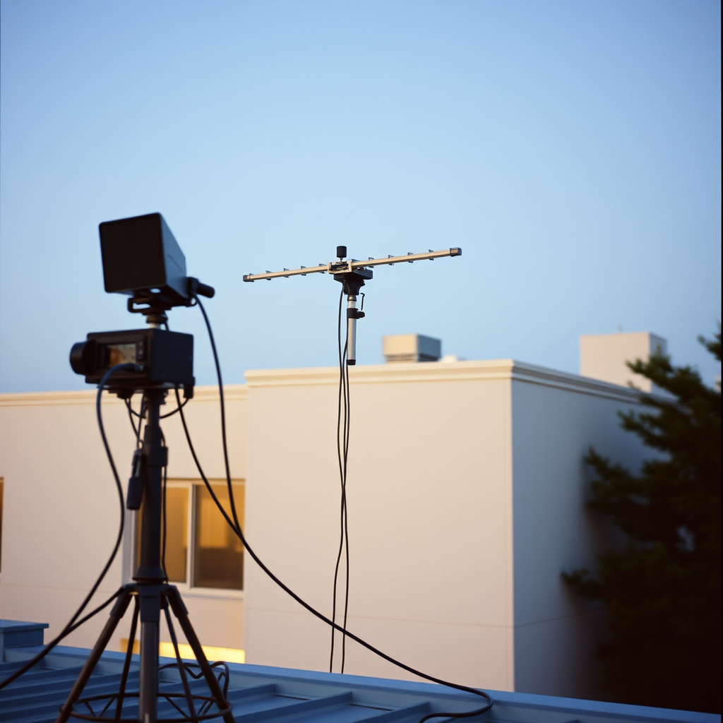 Television production equipment setup on a rooftop, facing away from the viewer.