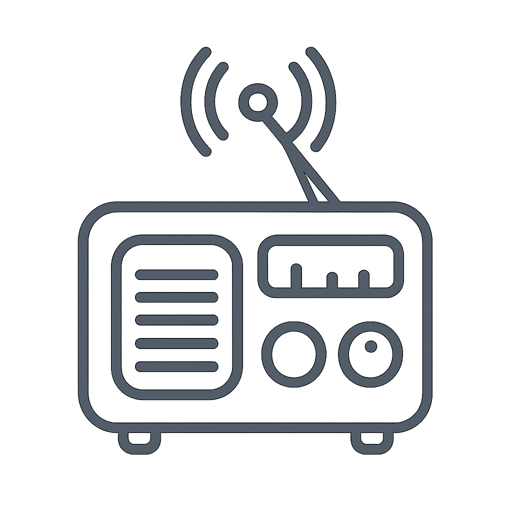 A simple line drawing of a vintage transistor radio. The radio is square in shape with rounded corners and has several kno...